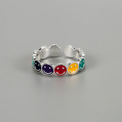 Cute Smiley Face 925 Sterling Silver Enamel Open Ring