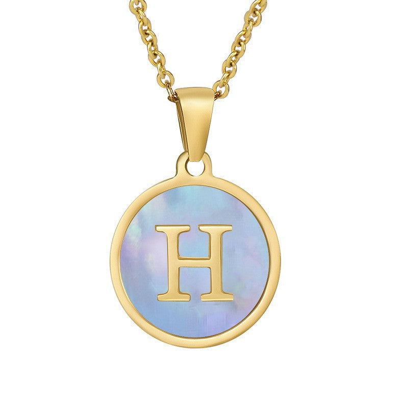 Titanium Steel Blue Shell Initial Pendant Necklace