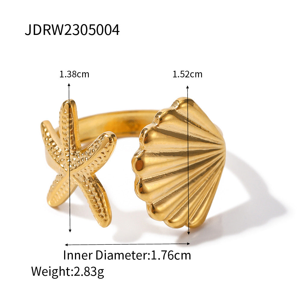 18K Gold Plated Stainless Steel Starfish Shell Open Ring