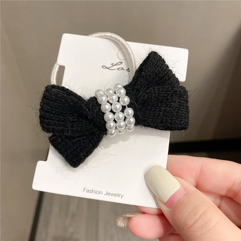 Autumn Winter Bow Wool Headband with Pearl Hair Tie for Women