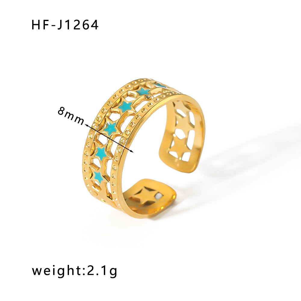 Ethnic Geometric Stainless Steel Open Ring - 18k Gold Plated Vintage Design