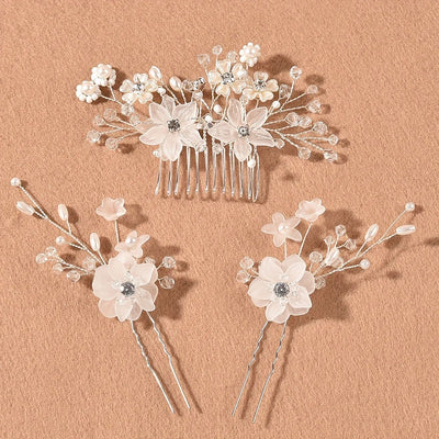 Handmade Bridal Pearl Flower Hair Comb and Pin Set for Wedding Accessories