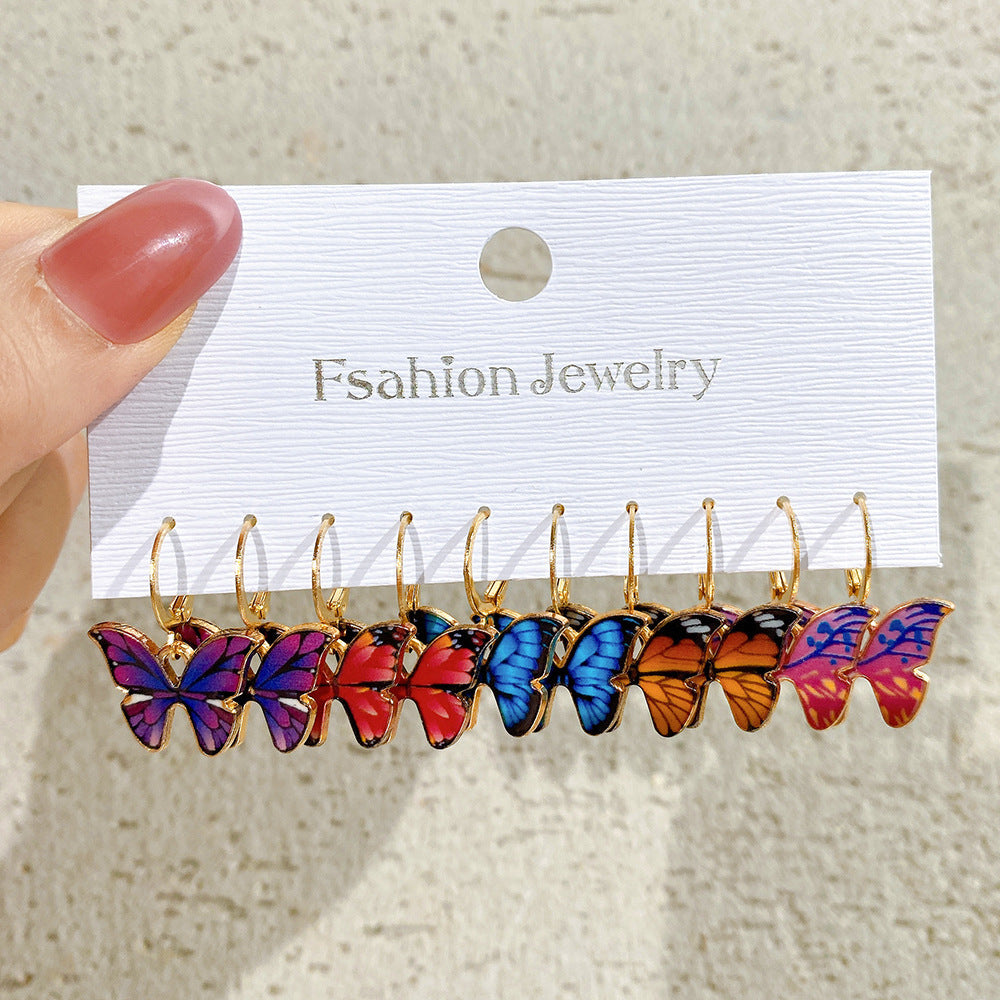 Colorful Enamel Butterfly Earrings Set - 5 Pairs Vintage Style