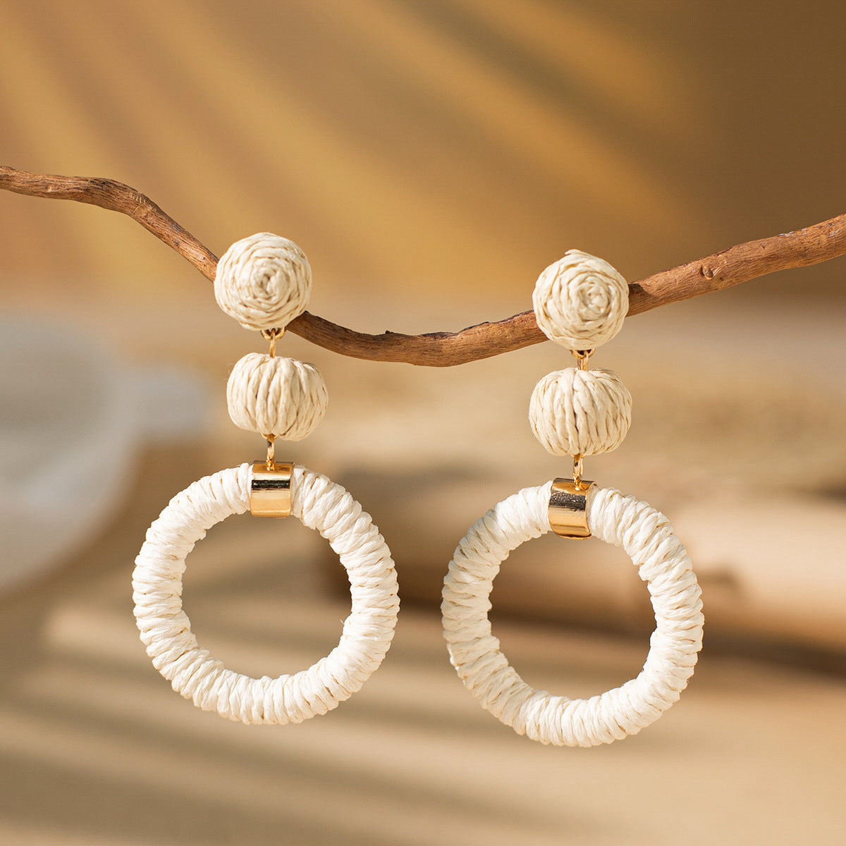 Bohemian Rattan Circle Braid Straw Drop Earrings for Vacation