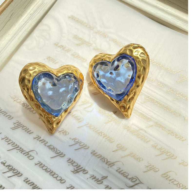 Gold Plated Heart Shape Glass Gemstone Stud Earrings with S925 Silver Needle