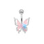 Rose Butterfly Belly Button Ring - 316 Stainless Steel with Acrylic Rhinestones, White Gold Plated