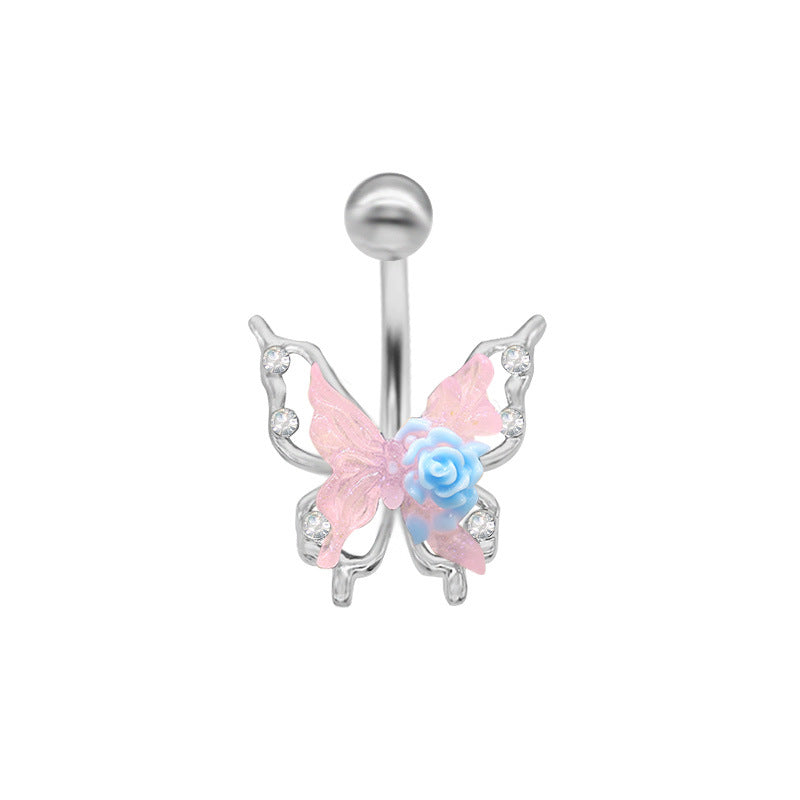 Rose Butterfly Belly Button Ring - 316 Stainless Steel with Acrylic Rhinestones, White Gold Plated