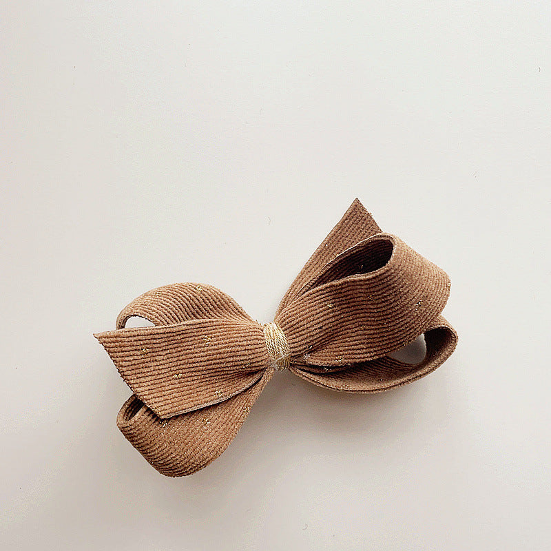 Children's Retro Bow Knot Corduroy Hair Clip with Gold Dot Design