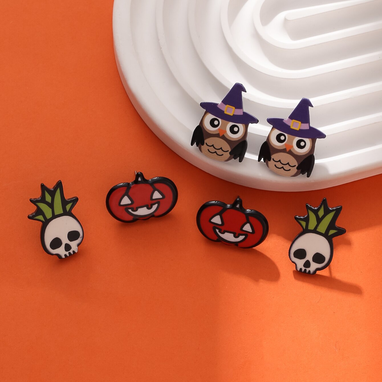 Cartoon Halloween Acrylic Drop Earrings Set - Pumpkin & Skull Design