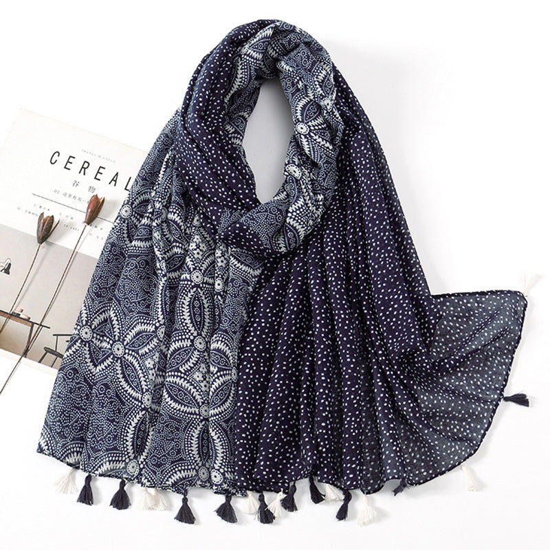 Women's Vintage Bohemian Floral Cotton Linen Print Scarf with Tassels