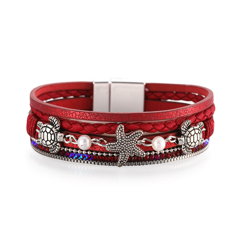 Vacation Tortoise Starfish Ethnic Leather Bracelet with Pearls and Rhinestones