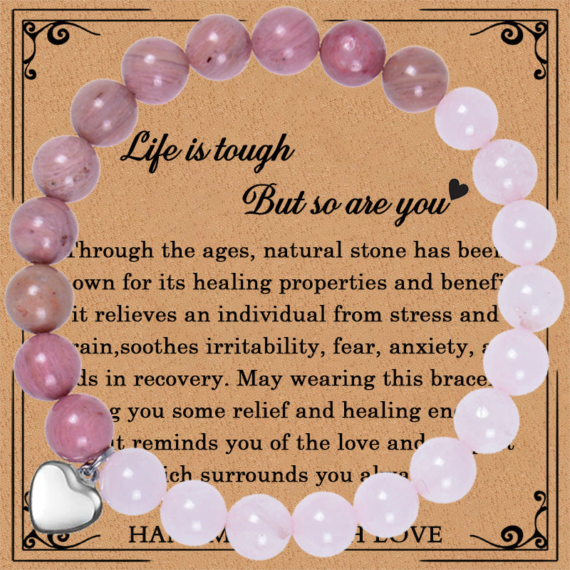 Elegant Heart Shape Natural Stone Pink Crystal Bracelet with Peach Heart Pendant for Women