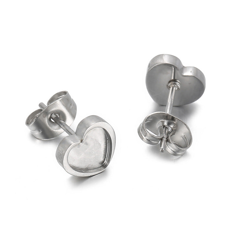 Heart-Shaped Stainless Steel Stud Earrings with Diamond Accents - Minimalist Titanium Steel Jewelry