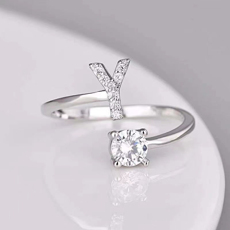 Fashion Adjustable Silver Zircon Letter Ring