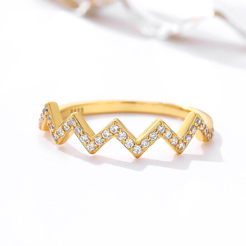 Simple Style Sterling Silver Zircon Wave Ring with 18k Gold Plated Electrocardiogram Design