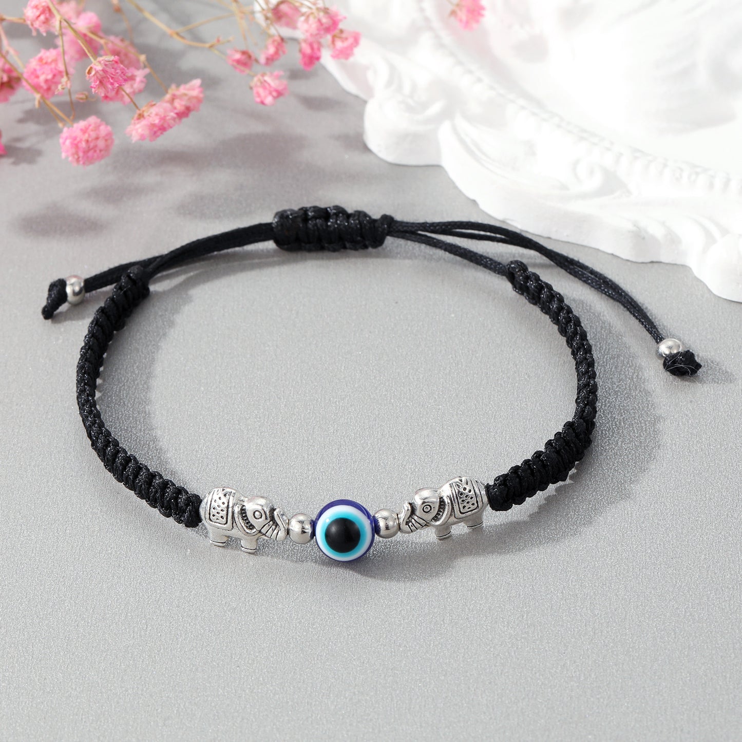 Creative Silver Elephant Eye Bead Adjustable Woven Bracelet