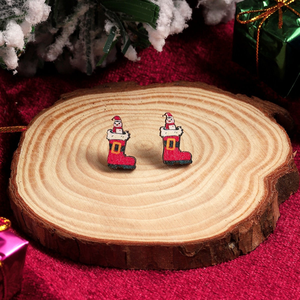 Pair of Cute Christmas Tree and Santa Claus Stud Earrings - Festive Holiday Jewelry with Boots, Snowman, and Elk Designs