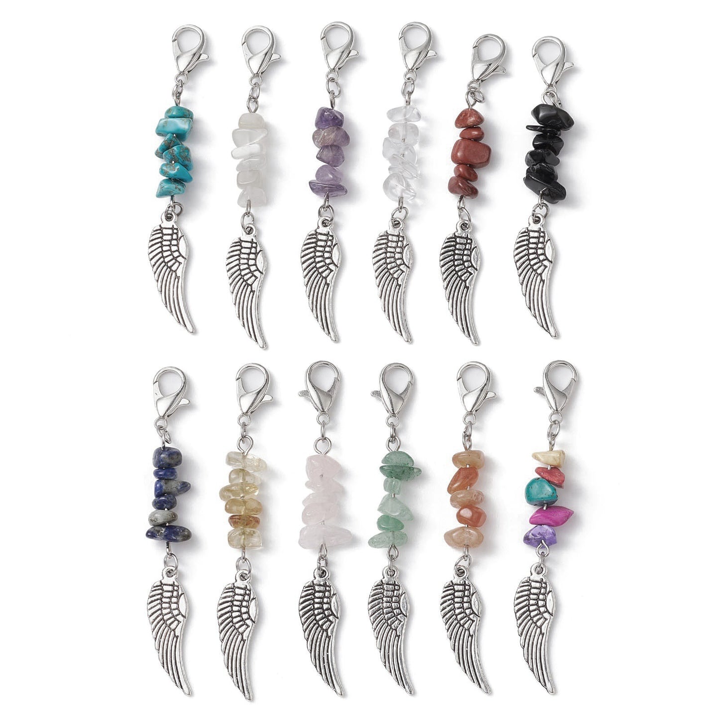 Cute Retro Wings Asymmetrical Keychain with Feather Pendant and Gemstone Charms