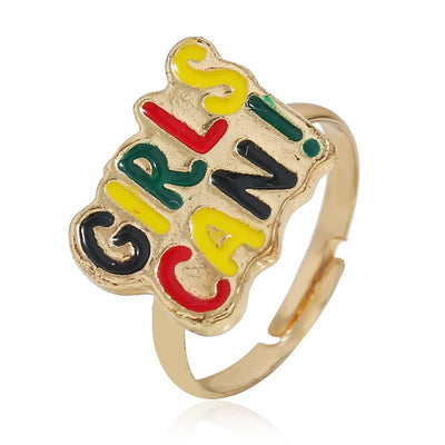 Cute Color Block Adjustable Alloy Letter Rings for Women