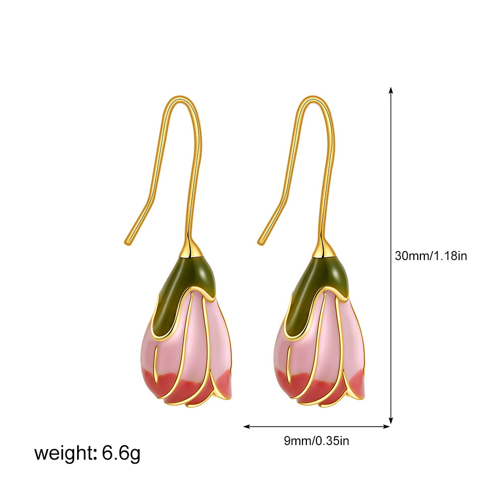 Pink Tulip Enamel Flower Copper Drop Earrings - Vintage French Style