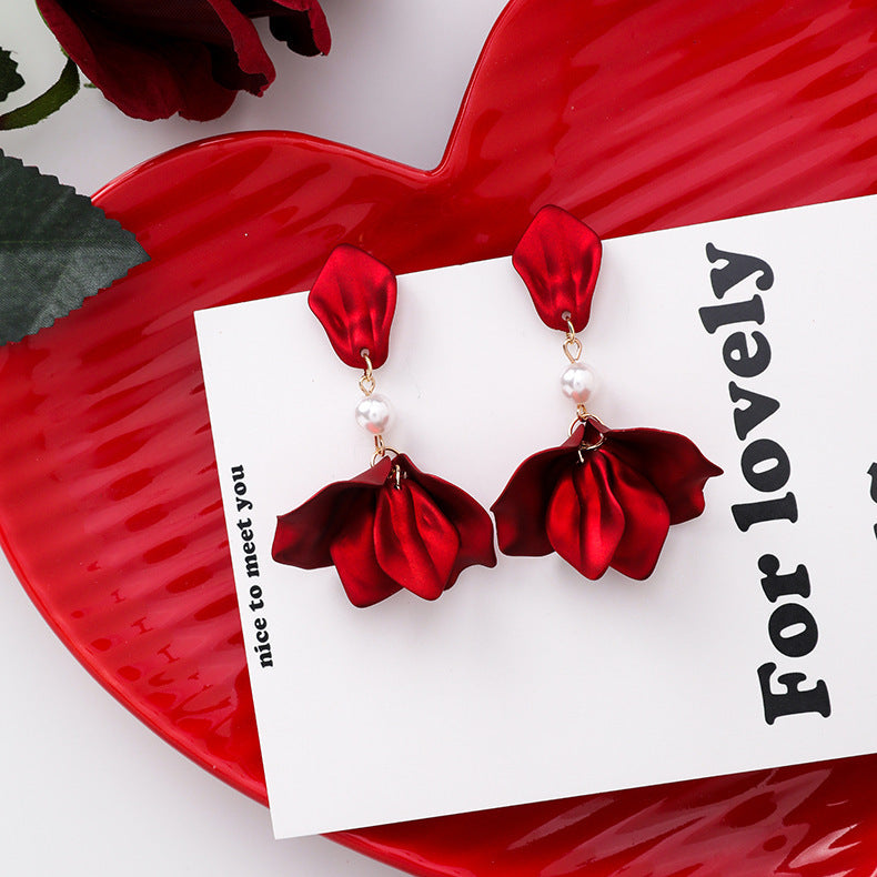 Sweet Exaggerated Red Rose Petal Tassel Earrings Retro Sexy Long Acrylic New Year Bride Earrings