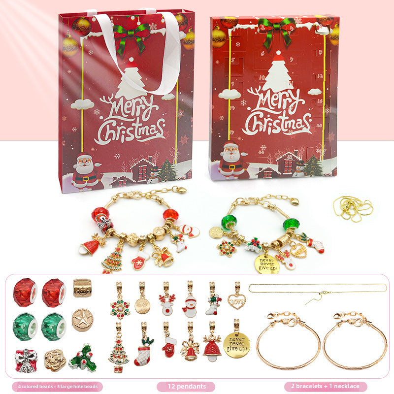 Simple Style Christmas Tree Alloy Jewelry & Red Gold Silver Countdown Calendar DIY Kids Gift Bracelet Set