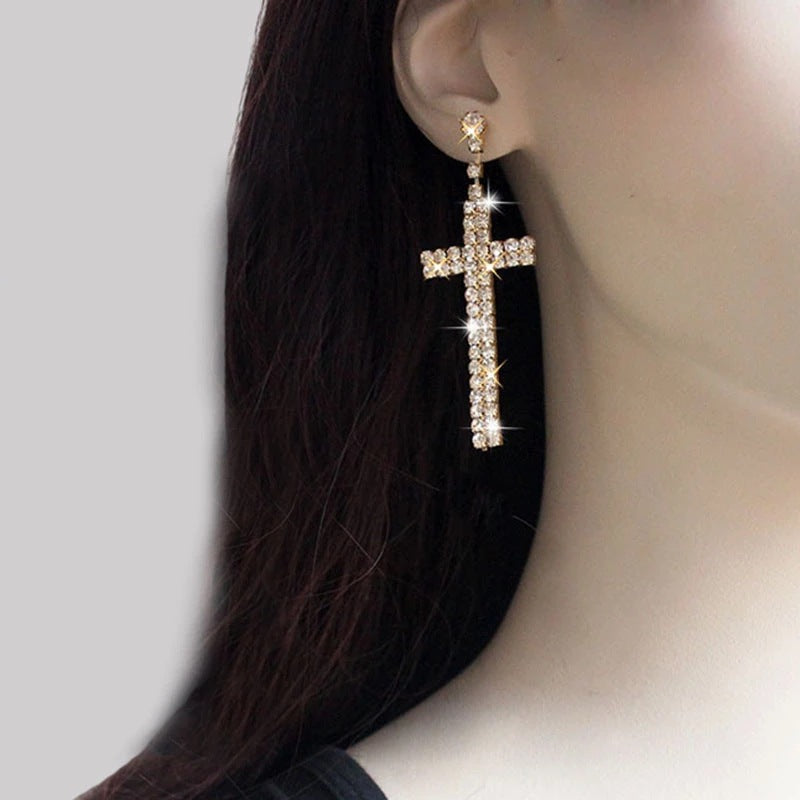 Elegant Crystal Long Cross Drop Earrings for Women