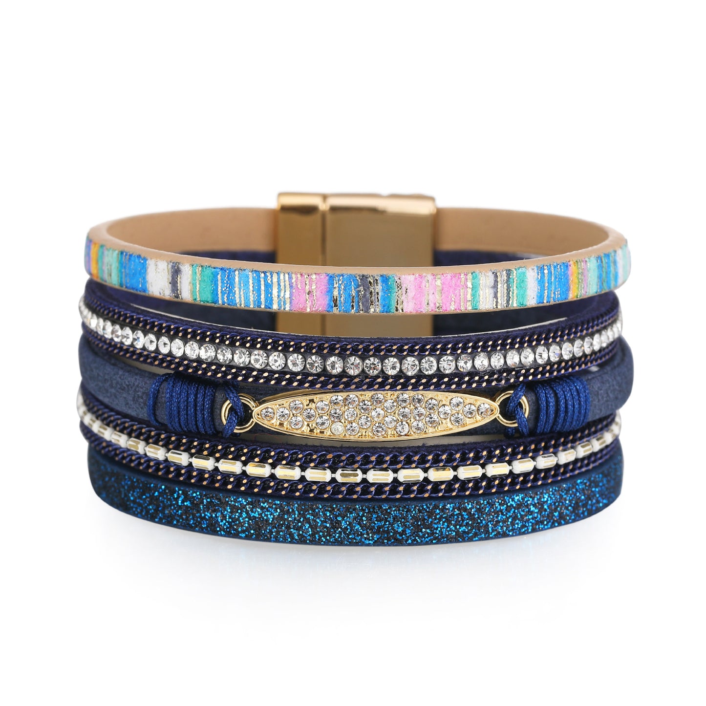 Bohemian Multi-Layer Geometric PU Leather Bracelet with Rhinestone and Alloy Pendant