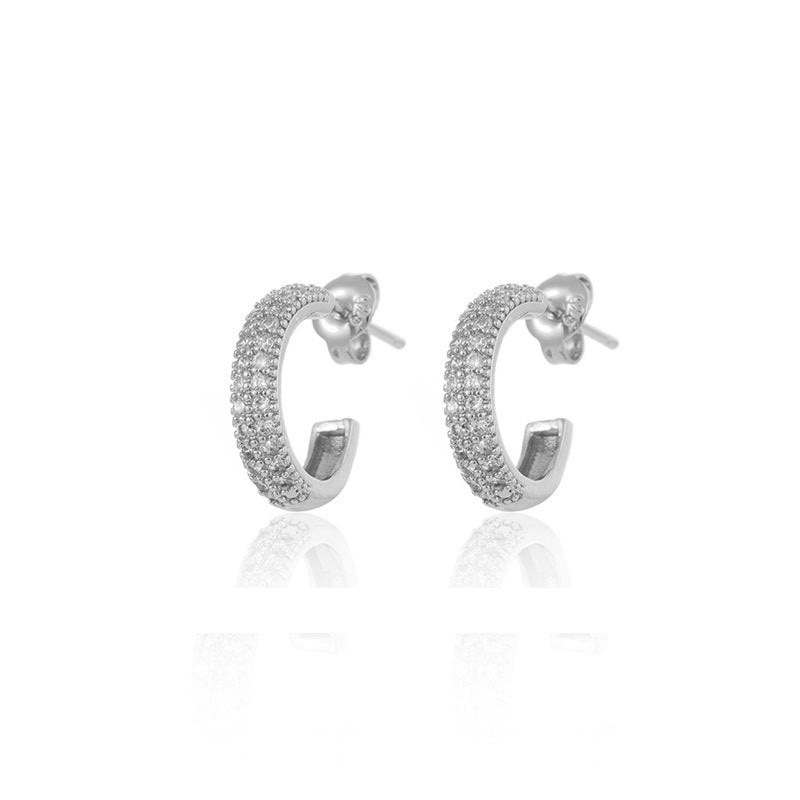 1 Pair C Shape Gold Plated Zircon Copper Stud Earrings