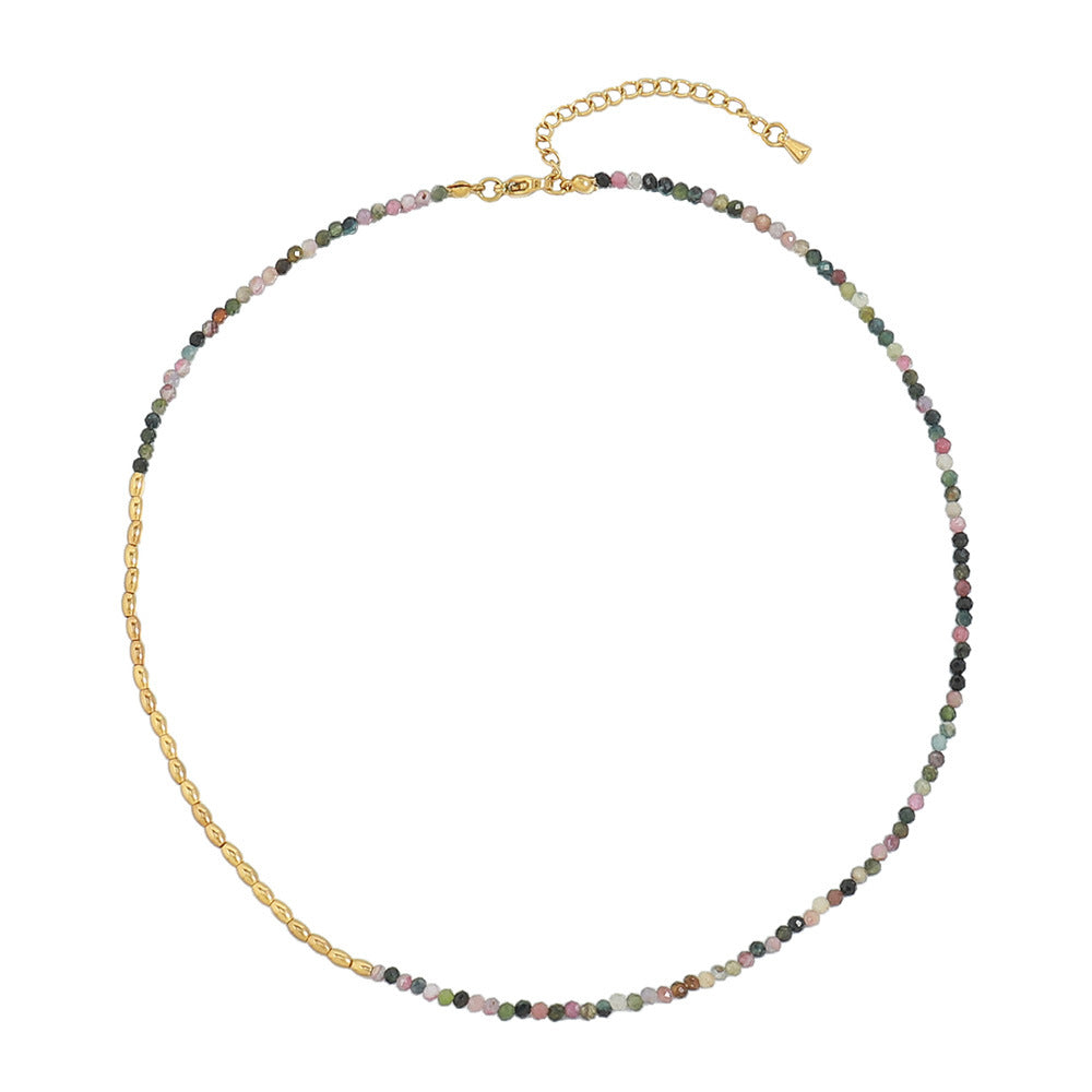 Tourmaline Titanium Steel 18K Gold Plated Bohemian Vacation Necklace with Black Spinel and Lapis Lazuli Stones