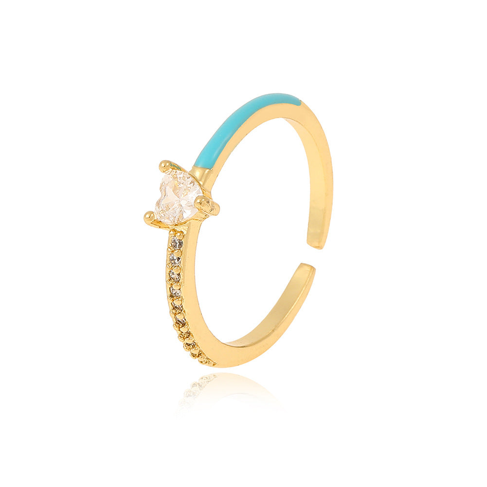 Minimalist Heart & Water Droplet Zircon Adjustable Open Ring in 18K Gold Plated Copper