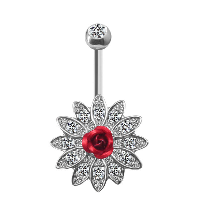 Tropical Heart-Shaped Floral Zircon Inlay Stainless Steel Navel Ring with Butterfly Design