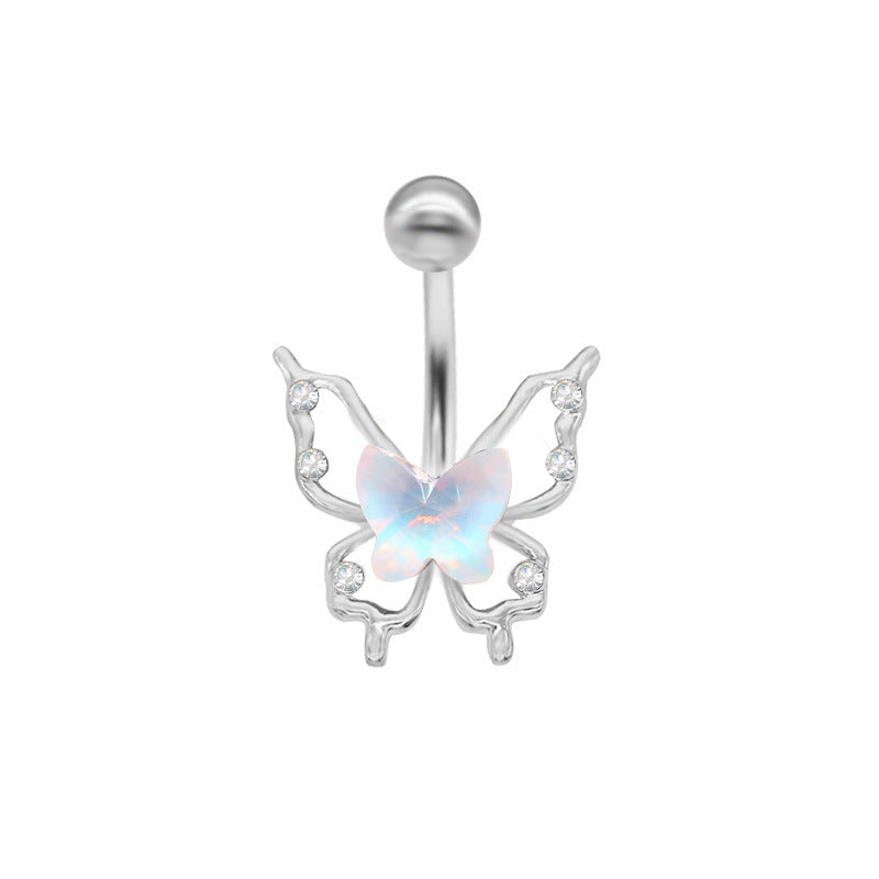 Elegant Tropical Butterfly Navel Ring - 316 Stainless Steel with Rhinestone and Acrylic Inlay