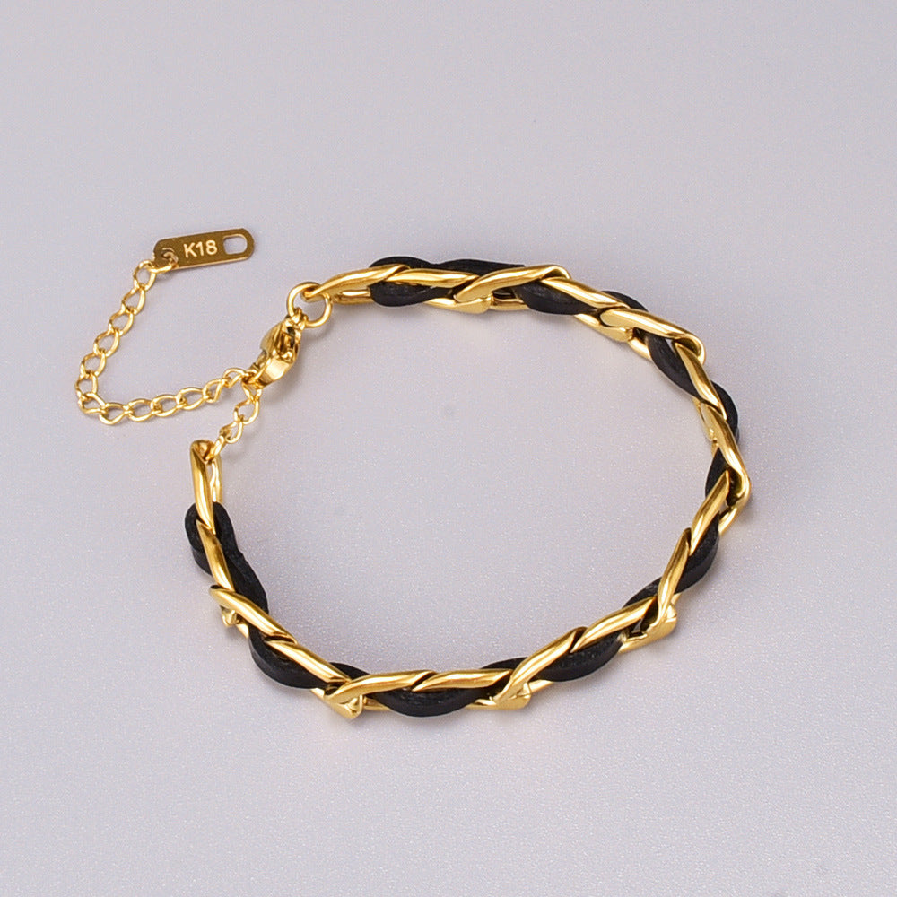 Retro Titanium Steel Rectangular Bracelet with 18k Gold Plated Korean Style Leather Cord