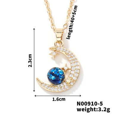 304 Stainless Steel Gold Plated Zircon Moon Pendant Necklace