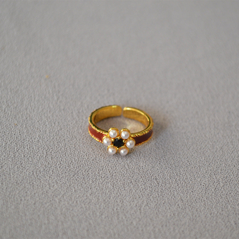 Brass Enamel Pearl Flower Adjustable Ring