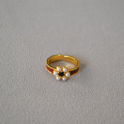 Brass Enamel Pearl Flower Adjustable Ring