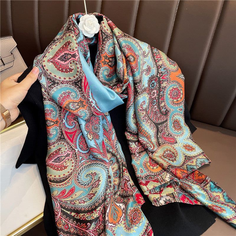 Women's Retro Printed Satin Silk Scarf Shawl Wrap