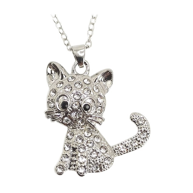 Fashion Cat Pendant Necklace with Colorful Rhinestones for Women