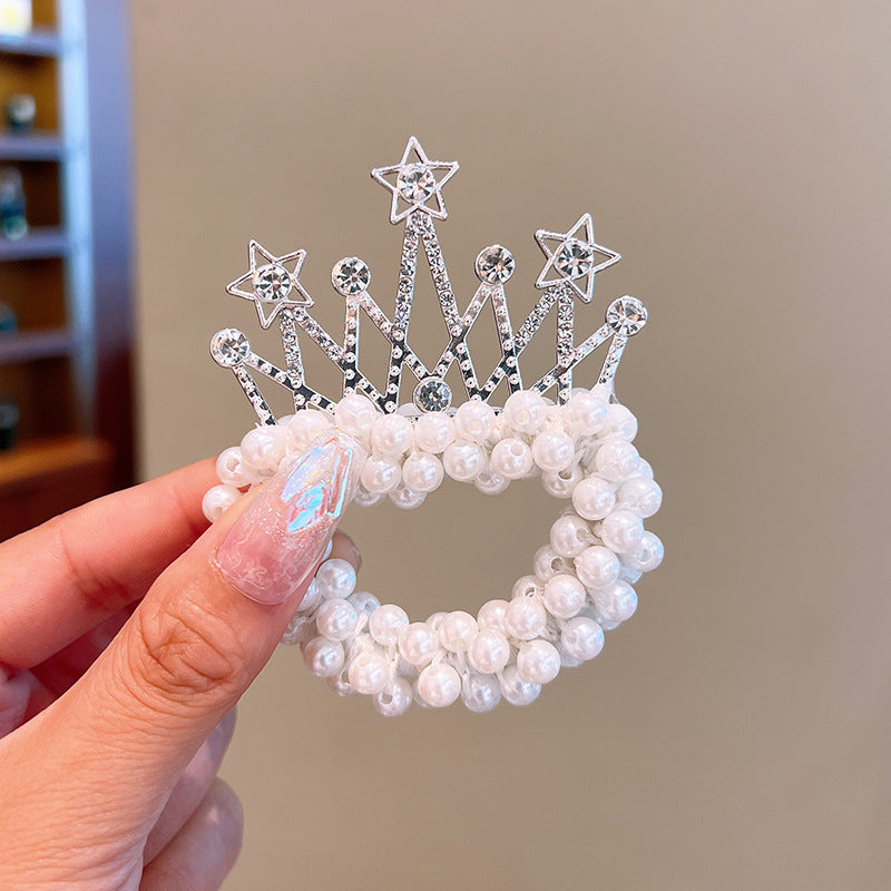 Cute Crown Pearl Rhinestone Hair Tie for Girls