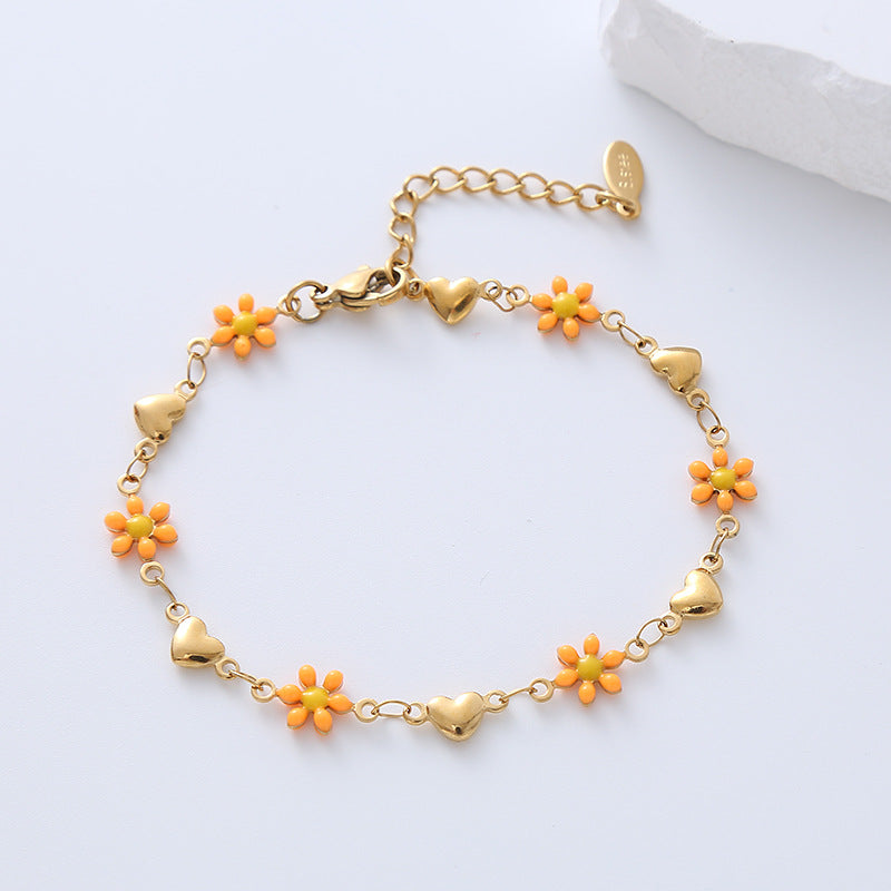 Simple Heart Flower Enamel Gold Plated Stainless Steel Bracelet