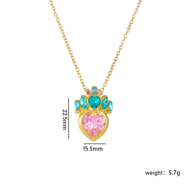 Gold Plated Heart Crown Pendant Necklace - Titanium Steel Pink Clavicle Chain