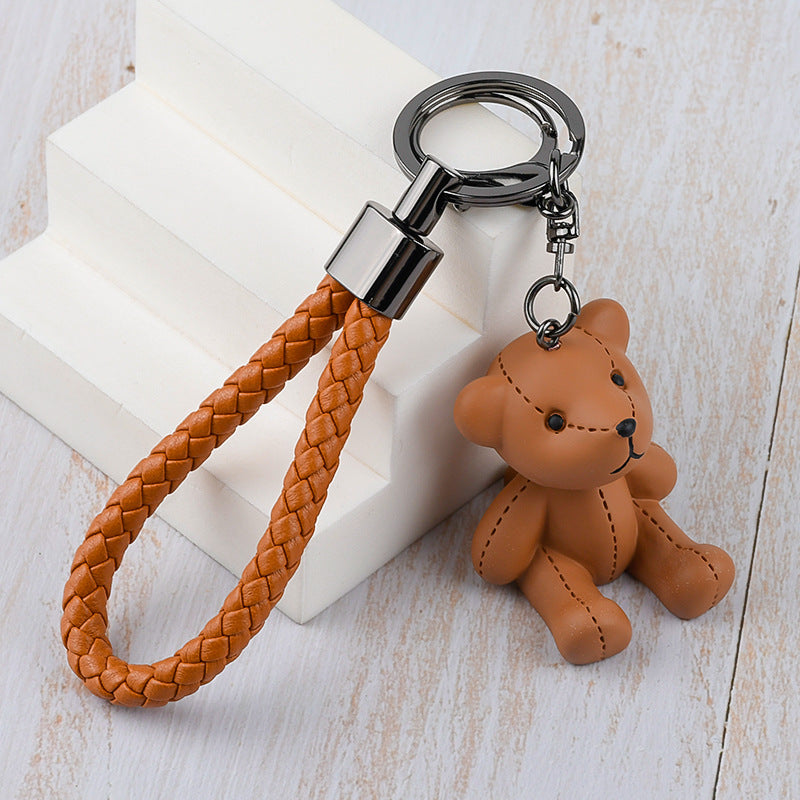 Cute Bear Resin Keychain Pendant - Cartoon Woven Strap Teddy Bear Car Charm