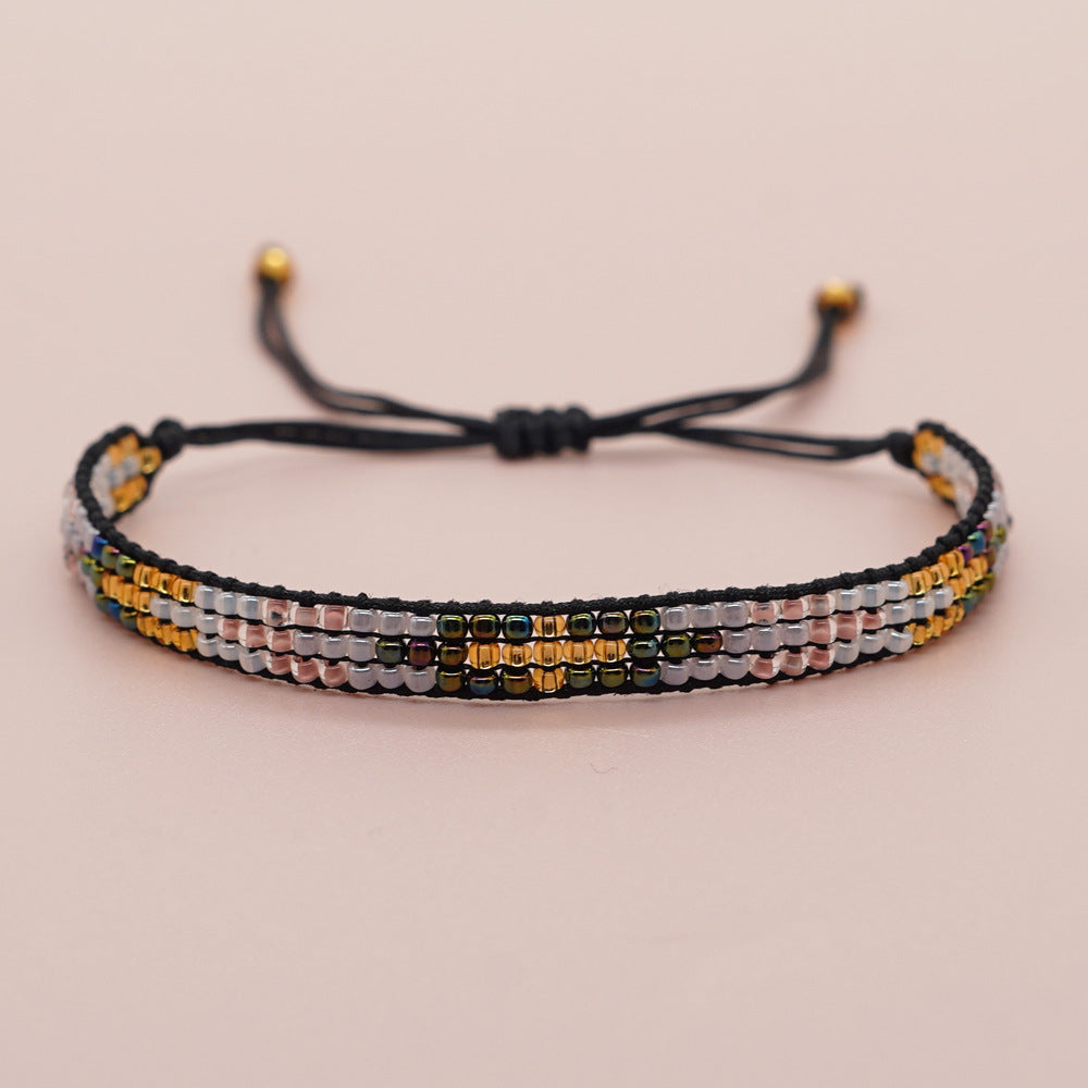 Retro Color Block Hand-Woven Bohemian Friendship Bracelet with Rice Beads