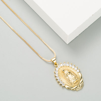 Virgin Mary Halo Pendant Geometric Lotus Copper Gold-Plated Zircon Necklace