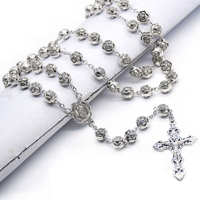 Retro Cross Alloy Rosary Pendant Necklace with 10mm Rose Beads