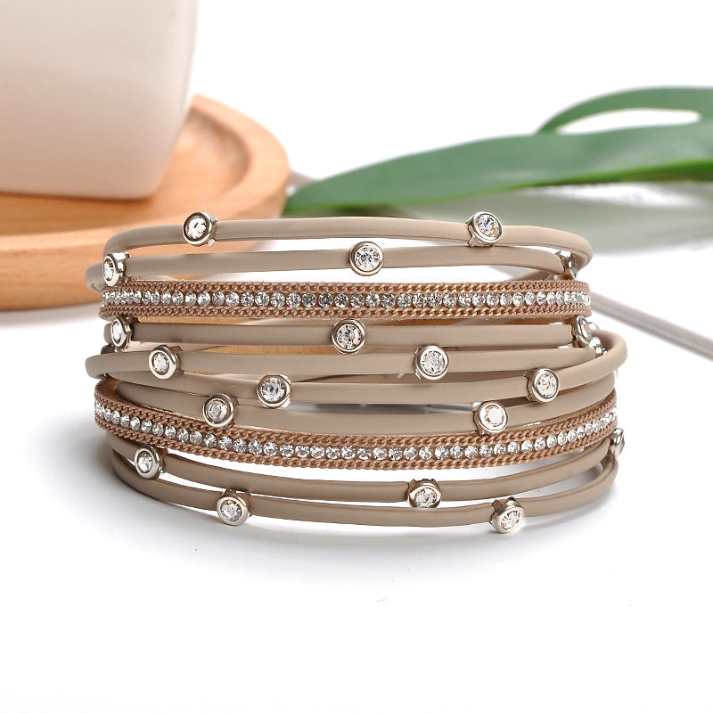 Simple Style Multi-Layer PU Leather Wrap Bracelet with Alloy Inlay Rhinestones for Women