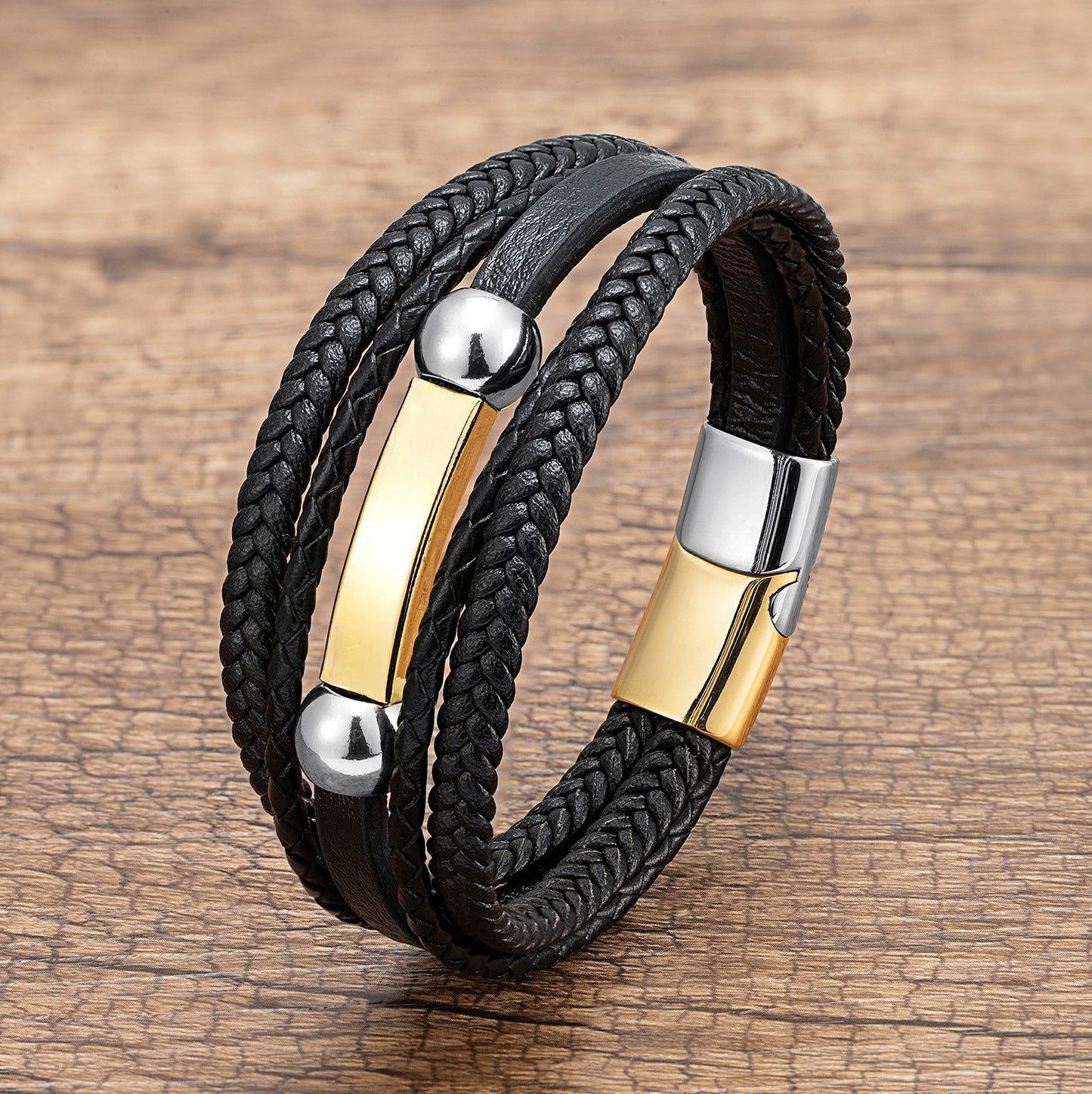 Hip-Hop Punk Geometric PU Leather Layered Men's Bracelet with Stainless Steel Clasp