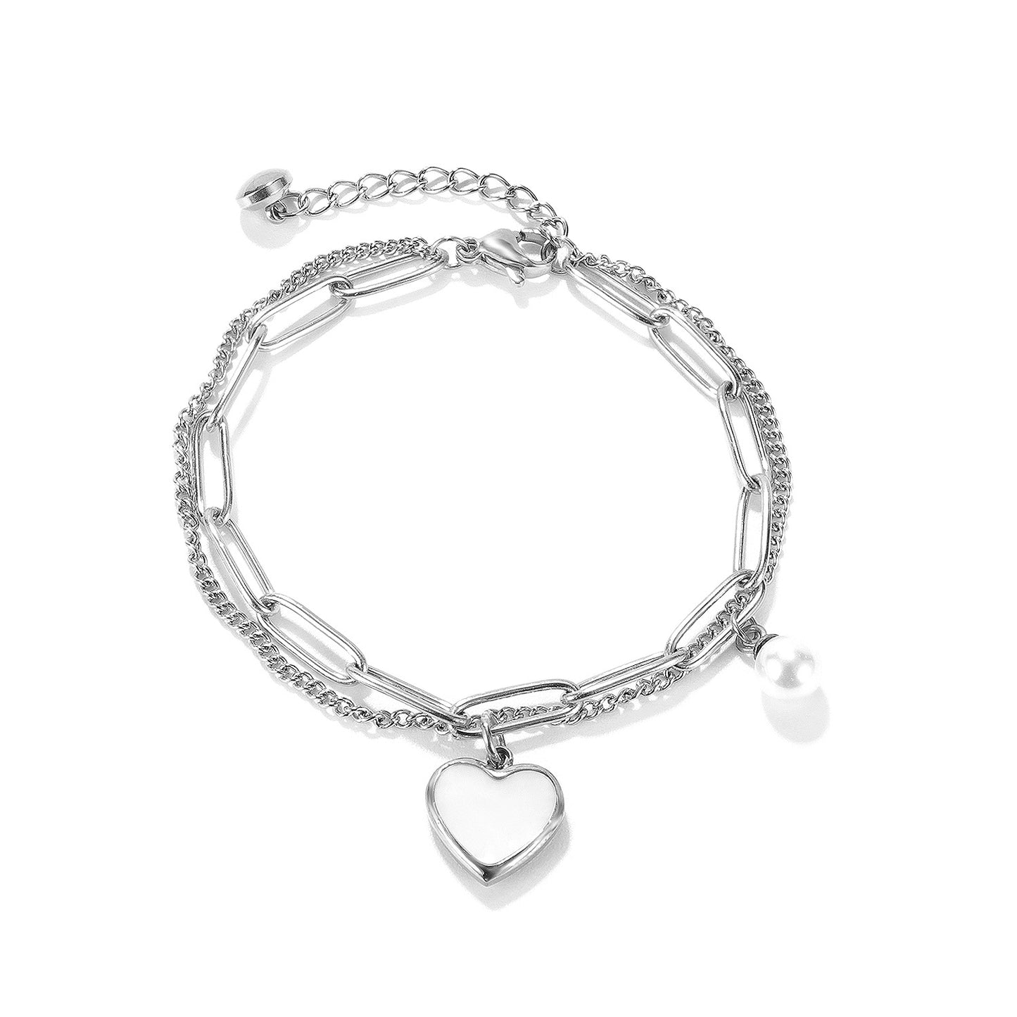 Fashion Hip-hop Heart-shaped Titanium Steel Double-layer Chain Necklace and Pearl Bracelet Set