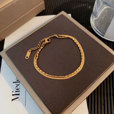 Gold Plated Minimalist Double Layer Stainless Steel Snake Chain Bracelet for Women